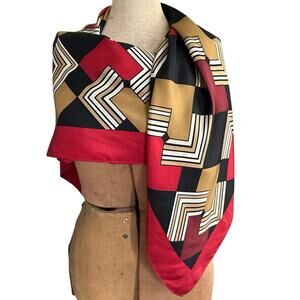 Vintage oversize geometric silk scarf 34” tan black red career classic